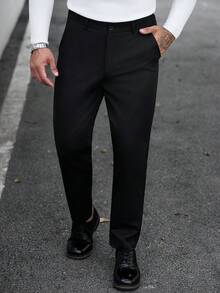 Manfinity CasualCool 1件成熟休閒男士長褲，黑色斜紋，通勤百搭，時尚舒適，男友禮物、丈夫禮物、週年紀念禮物 - 黑色 - 查看 4