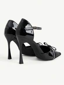 CUCCOO CHICEST Sexy Black Patent Leather Rhinestone Bow Pointed Toe Stiletto High Heels, Side Space Design Shoes, Dating And Commuting Two Shoes - Black - View 6