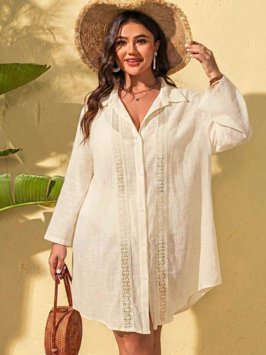 SHEIN Swim Curve 2026新款夏季蕾丝拼接加大码女式上衣和服 - 米色 - 查看 1
