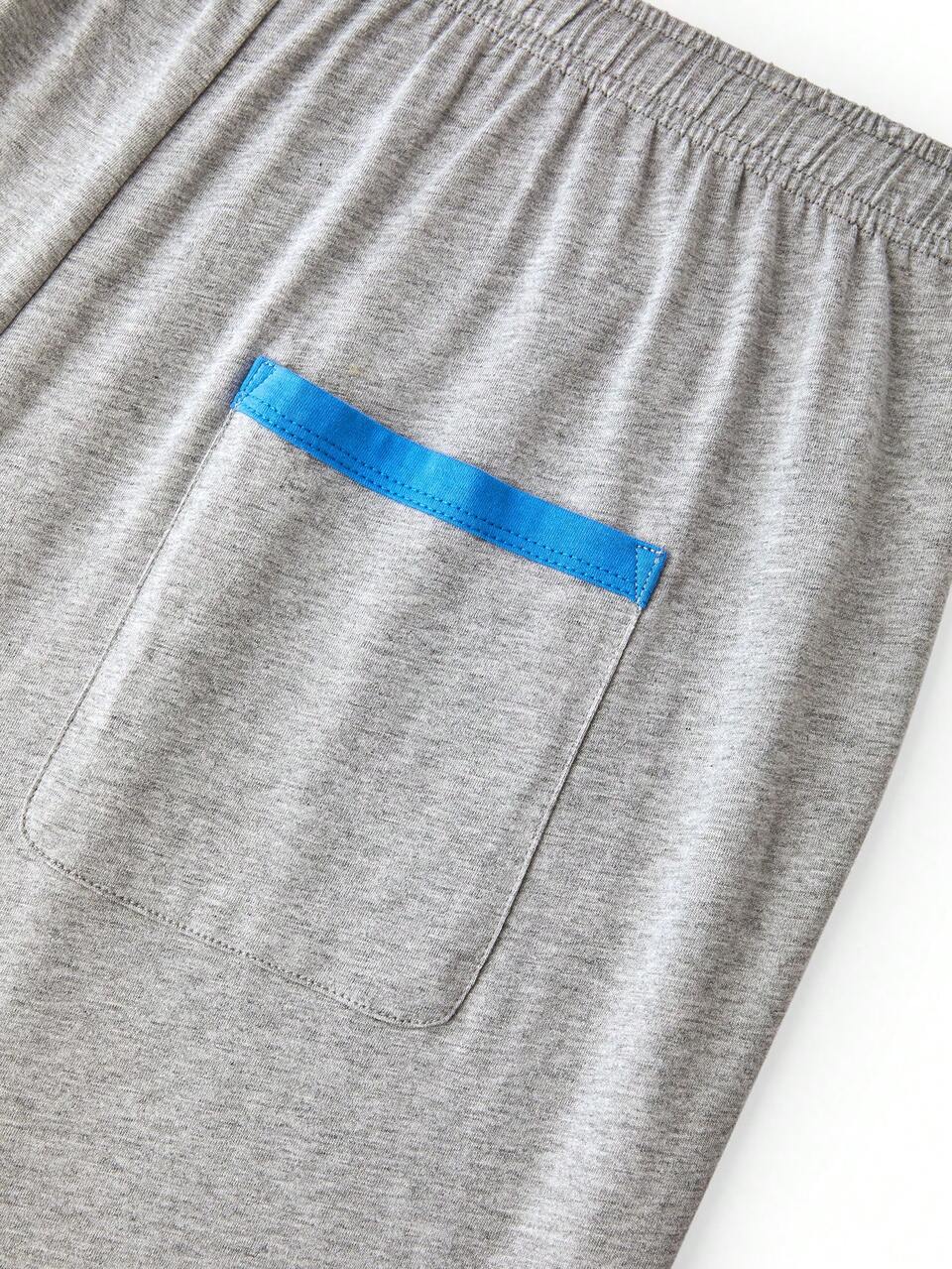 Herren weiche Baumwolle Lounge Shorts Grau Farbblock Schlafshorts mit blauem Saum & Cartoon Muster Sommer Pyjamas