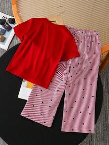 Girls 2-Piece Set, Basic Casual Slouchy Solid Color Outfit, Heart Print, Side Patchwork Design, Round Neck Short Sleeve T-Shirt, Paired With Heart Pattern Red Striped Textured Fabric Straight Leg Pants Set, Suitable For Daily/Outing Occasions, Spring Summer/All Season Style, Children's Daily Comfortable Summer Outfit, Girls Wear - Red - View 2