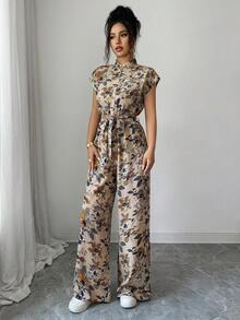 Rafferiza 女款優雅立領前開襟連肩短袖收腰寬腿長版連身褲 - 卡其色 - 查看 6