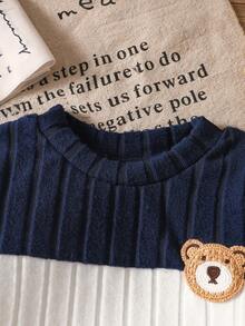 SHEIN Playful Pals 柔軟刷毛布料熊刺繡圖案拼色男嬰休閒套裝 秋季 - 藏蓝色 - 查看 4