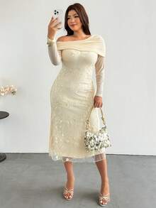 Sassy Hour Plus Size Women's Autumn/Winter Elegant Exquisite Date Cocktail Formal Party Wedding Asymmetric Neck Long Sleeve Embroidered Mesh Cream Mermaid Dress - Apricot - View 5