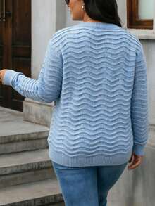 SHEIN LUNE CURVE 大尺碼休閒純色雙口袋開襟衫，秋冬款 - 藍色 - 查看 2