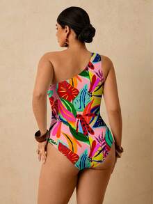 Travachic Plus Size Tropical Plant Print Cutout One Shoulder Tie One-Piece Swimsuit Bathing Suit - Pink - View 2