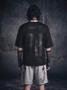 Vyqestra Men's Casual Loose Fit V-Neck Short Sleeve T-Shirt With Numeric Embroidery - Black - View 2