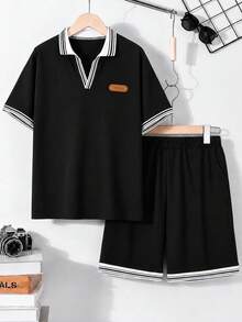 Casuvi Kids 2件組青少年男孩休閒 Polo 衫與短褲套裝 - 黑色 - 查看 3