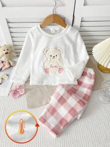SHEIN 2件組秋冬雙面法蘭絨抓絨少女套裝，可愛精緻熊刺繡，簡約白色長袖上衣搭配休閒下裝 - 粉色 - 查看 2