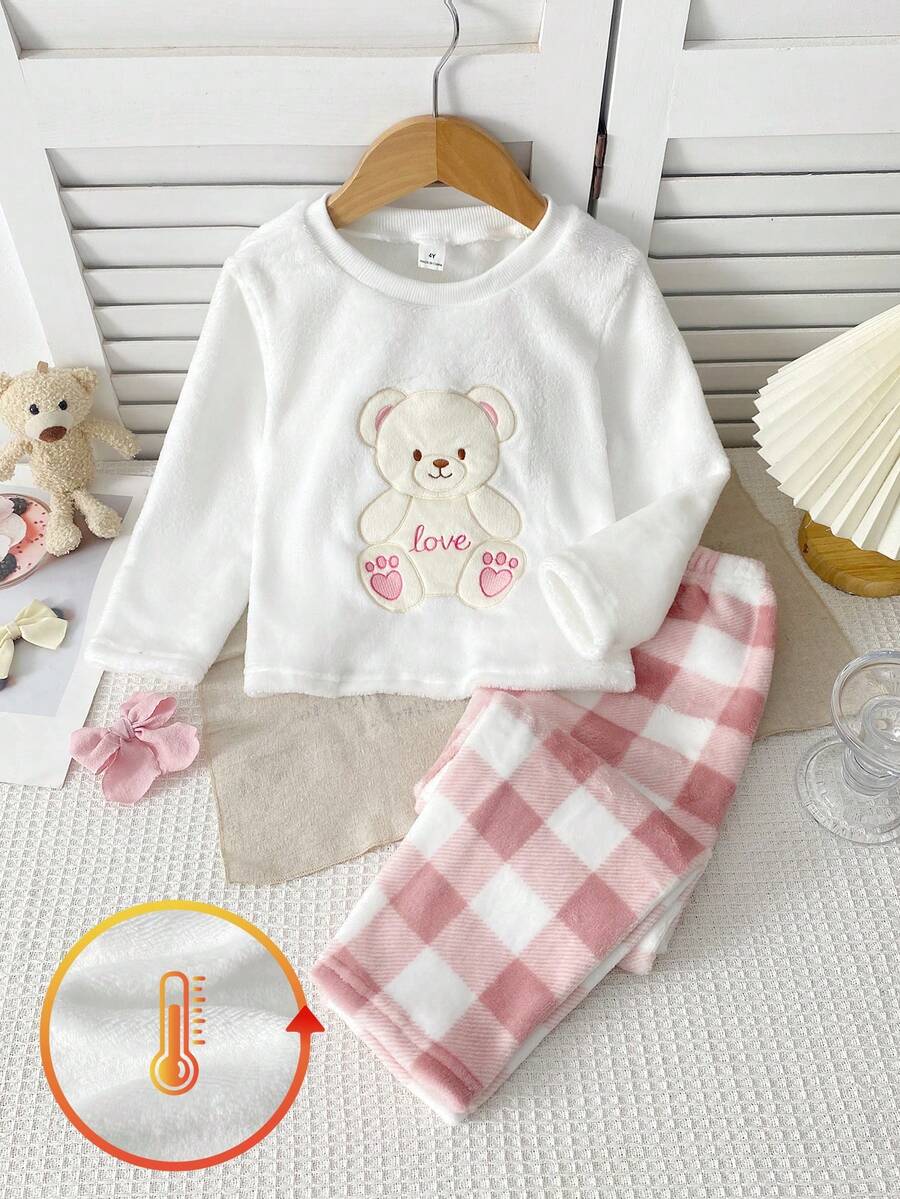 SHEIN 2件組秋冬雙面法蘭絨抓絨少女套裝，可愛精緻熊刺繡，簡約白色長袖上衣搭配休閒下裝