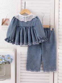 SHEIN Vintaside Kids Infant/Toddler Denim Lantern Sleeve Floral Lace Collar Embroidered Hem Blouse Pants Spring/Autumn Baby Girl 2 Pieces Set Family Matching Blue - Blue - View 2
