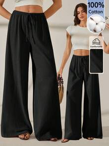 SHEIN Tall 女款純色抽繩腰休閒百搭日常穿著寬腿長褲 - 黑色 - 查看 7