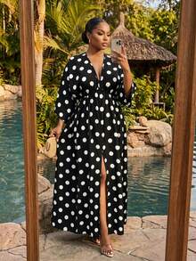 SHEIN Lady CURVE 大尺碼女款圓點 V 領 3/4 袖開衩下擺洋裝 - 黑與白 - 查看 3