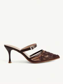 CUCCOO CHICEST Women Shoe Spring And Summer New Models, Mesh Embroidery Pointed Mueller Sandals, Buckle Thin Heels And Half-Drag High Heels, Retro Light And Familiar - Brown - View 5