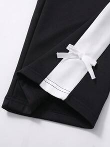 Tween Girls High Waist Summer College Style Casual Cute Sports Knitted Bowknot Decor Straight Leg Sweatpants Long School Black And White Striped - Black - View 8