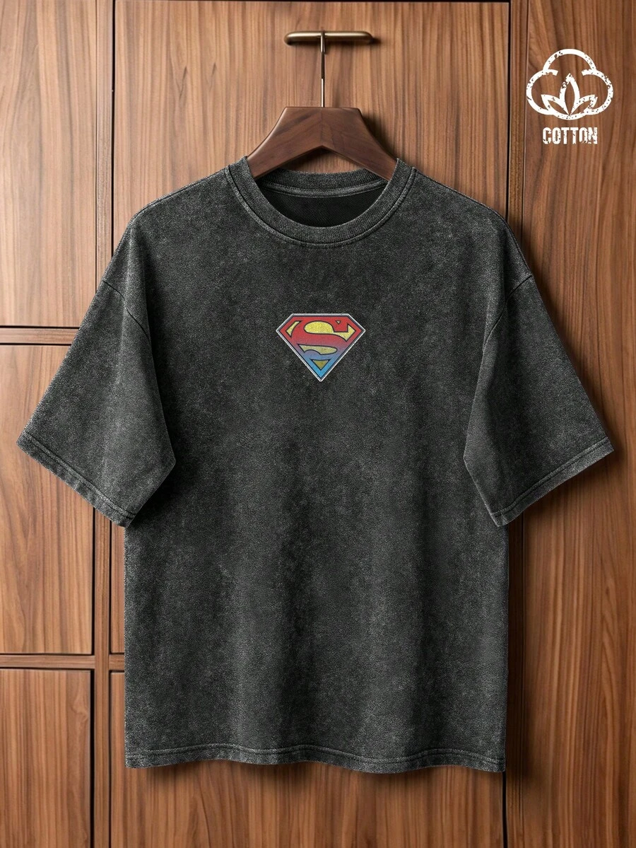 SUPERMAN X SHEIN TOKVUE Men's Minimalist Printed Round Neck Short Sleeve T-Shirt Cotton, Holiday - Black - View 1