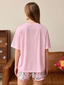 HARRY POTTER X SHEIN Women's Cartoon Print Top And Shorts Pajama Set - Pink - View 2