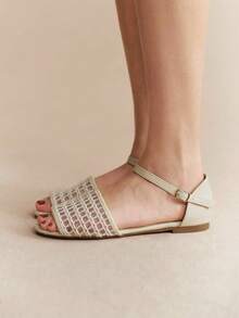 Rosivie Women's Gold Mesh Hollowed-Out Sandals, Open-Toed Flat-Soled Roman Shoes, Essential Beach Flats In Summer, Versatile For Commuting - Beige - View 5