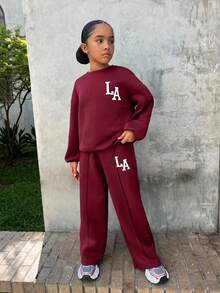 SHEIN 青少年女孩休閒「LA」字母印花針織素色寬鬆落肩長袖衛衣與百褶寬腿運動褲套裝，女孩秋季服飾，女孩秋季穿搭，女孩冬季服飾 - 酒紅色 - 查看 9
