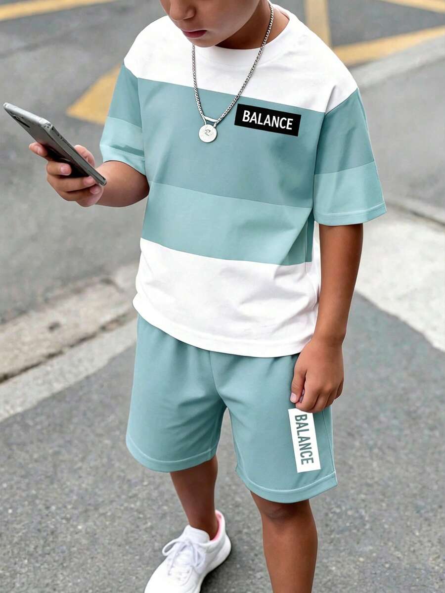 青少年男孩休閒舒適時尚極簡圓領短袖T恤與短褲套裝 - 彩色 - 查看 1