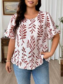 Weeklong Plus Size Women's Vacation Botanical Print Round Neck Short Sleeve Casual Shirt - Khaki - View 3