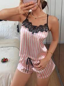 Napfluff Women's Loose Comfortable Cute Striped Contrast Lace Camisole Top And Cute Striped Pajama Bottoms 2 Pieces Set - Pink - View 5