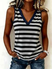 SHEIN Women's V-Neck Striped Casual Versatile Tank Top - Multicolor - View 3