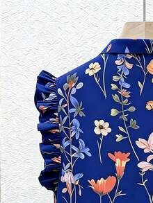 SHEIN Franclia 法式復古花卉印花單排扣荷葉邊飾襯衫，適合戶外活動與生日慶祝 - 寶藍色 - 查看 5