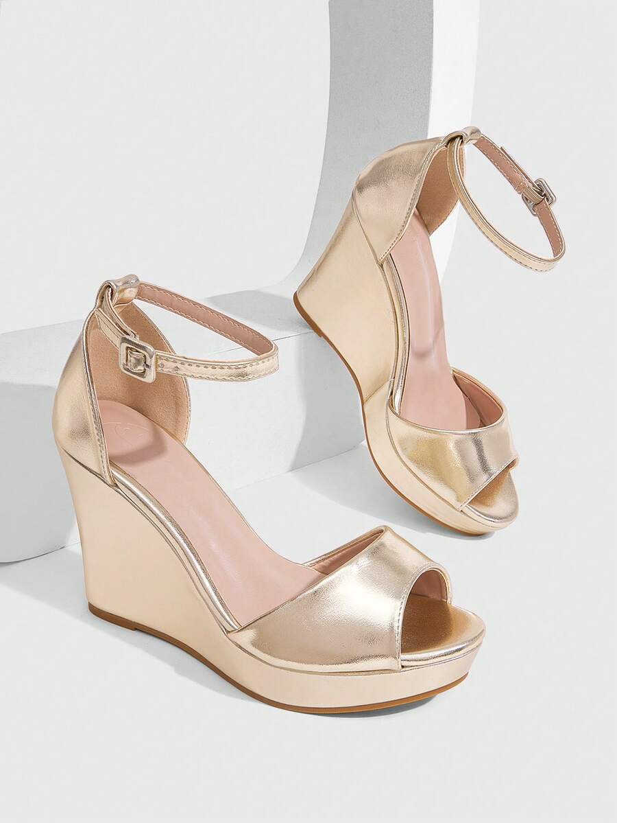 CUCCOO SZL Womens Gold Metallic Platform Wedges With Ankle Strap Open Toe Sandals - Gold 1 - View 1