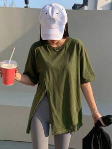 DAZY Women's Round Neck Loose Casual Split Short Sleeve T-Shirt, Summer - Army Green - View 9
