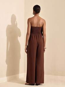 Elafinee Mono largo con cuello de halter y volantes multicapa en la cintura para mujer - Café integral - Ver 2