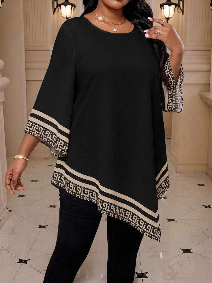 SHEIN Lady 大尺碼女款圓領幾何印花休閒百搭日常穿著襯衫 - 彩色 - 查看 1