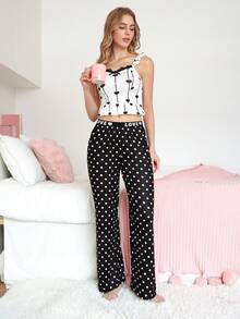 PetitDoll 1pc Polka Dot Comfortable Home Wear Loose Casual Pajama Pants Long Pants - Black and White - View 5