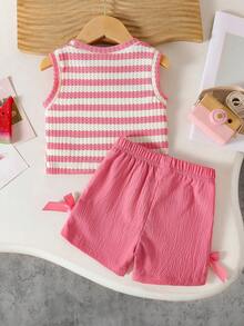 SHEIN Playful Pals 女嬰夏季藍色套裝 紋理無袖上衣搭配藍色格紋短褲 飾有藍色蝴蝶結 日常外出必備 - 粉色 - 查看 3