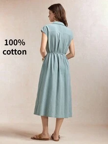 BizChic Waist-Cinching Front-Button Minimalist Casual Dress For Back To School, Party, Birthday, Wedding Guest, Autumn, Sage Green, Halloween, Back To School Season, Church, Special Occasions, Date, Vacation, French Elegant Vintage Vacation Style - White - View 4