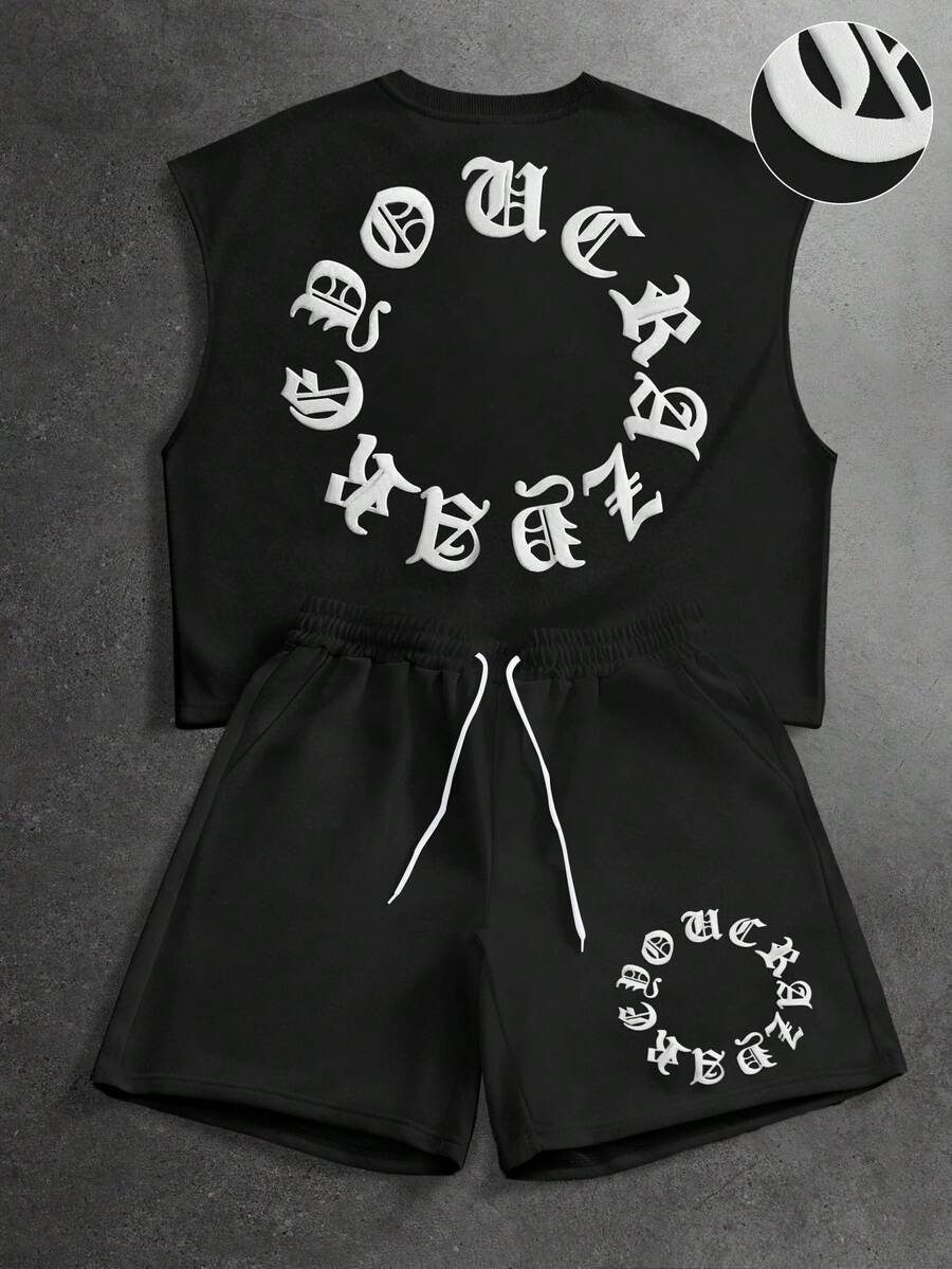 PAVTROS Men's Round Neck Letter Print Top And Shorts Casual Daily Wear Set, Holiday - Black - View 1