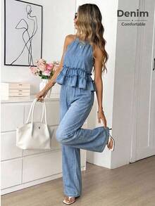 Easowa Damen-Neckholder-Top mit Rüschensaum und Hose, lässiges Denim-Set - Schwarz - Übersicht 6