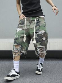 Manfinity EMRG 男士大尺碼迷彩做舊設計休閒日常穿著牛仔短褲 - 軍綠色 - 查看 3