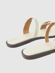 Sleekvia Sepatu Wanita Musim Semi dan Musim Panas Baru Aprikot Ujung Persegi Sandal Datar Nyaman Serbaguna Sandal Luar Ruangan Logam - Aprikot - View 6