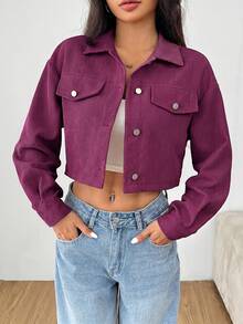 SHEIN PETITE Spring Outfits Drop Shoulder Flap Detail Crop Corduroy Black Jacket In Fall/Winter - Purple - View 7