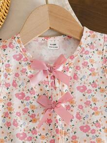 SHEIN Playful Pals 2件組女嬰幼兒/新生兒0-3歲春夏季休閒甜美日常度假條紋編織無袖背心上衣&寬腿褲套裝 - 粉色 - 查看 6