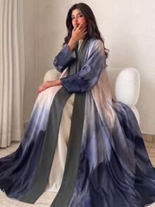 Yasmyna Damen Abaya aus gewebtem Satin mit digitalem Positionprint, Burnout-Effekt, langen Ärmeln, A-Linie, elegant, romantisch und dezent - Verschiedenfarbig - Übersicht 2
