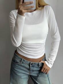 DAZY 女款白色透視休閒街頭風度假罩衫上衣，秋冬/夏季長袖 - 白色 - 查看 2