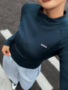 Dazy Plus Woven Label Decor Plus Size Solid Color Slim Fit Half-Zip Long Sleeve Spring/Autumn Sports Casual T-Shirt School - Navy Blue - View 2