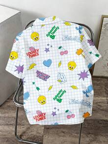 LOONEY TUNES X SHEIN Manfinity Joysei 男士格紋愛心圖案短袖單排扣休閒襯衫 - 藍色 - 查看 2