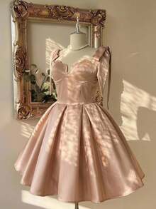 Lovelzi Elegant Luxurious Dusty Rose Shiny Silk Hand-Tied Bow Decor Shoulder Strap Shell Bustier Pleated A-Line Plus Size Short Prom Bridesmaid Party Dress - Khaki - View 3