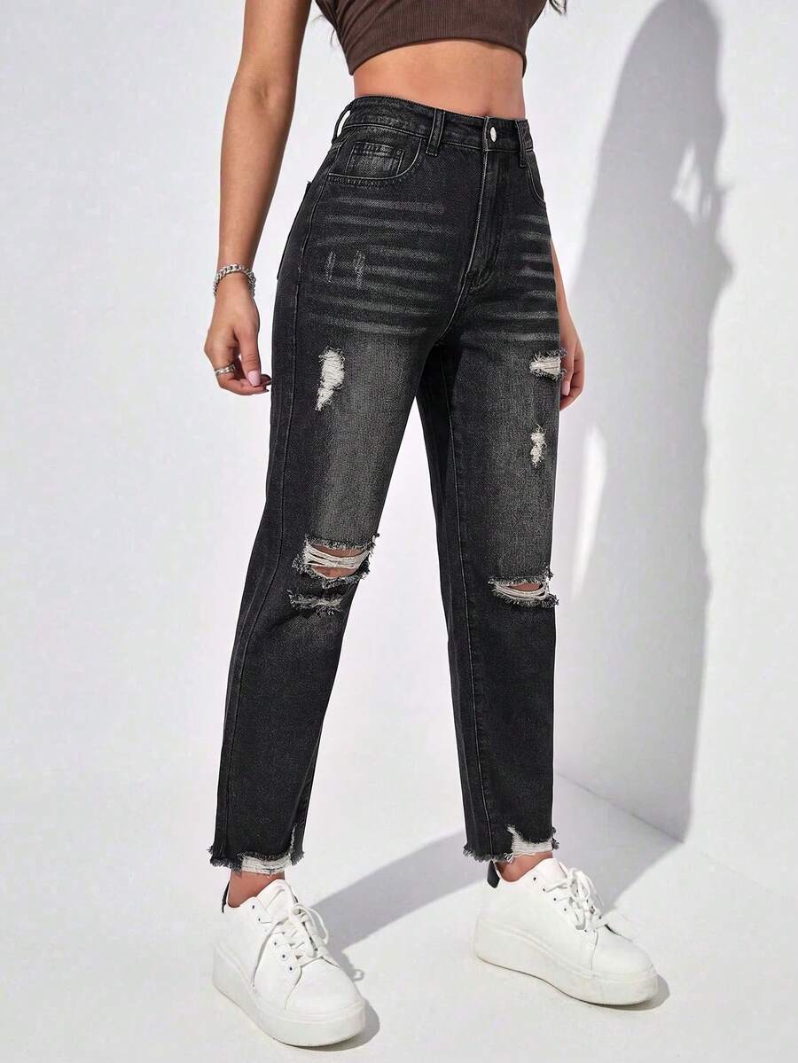 SHEIN EZwear 女款夏季高腰破洞媽媽版牛仔褲 - 黑色 - 查看 1
