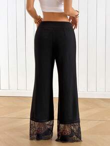 SHEIN EZwear 女款蕾絲拼接休閒百搭日常穿著長褲 - 黑色 - 查看 3
