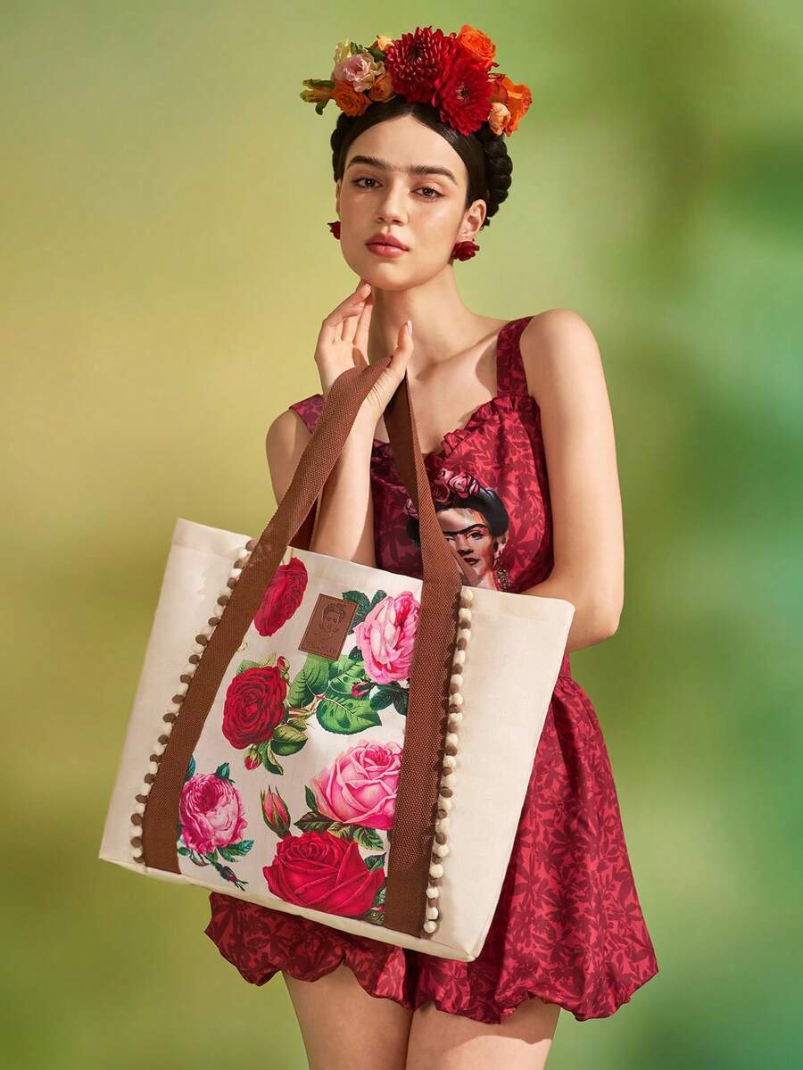Frida Kahlo X SHEIN 1件復古玫瑰印花聚酯纖維托特包,蕾絲飾邊,度假風休閒單肩包,大容量輕便旅行購物袋,可重複使用,適合夏季旅行與日常使用 - 米色 - 查看 1