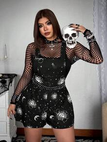 Whyspr Plus Size Casual Gothic Style Skull Print Jumpsuit Comfortable Casual Overall Shorts Spring Summer - Black - View 6